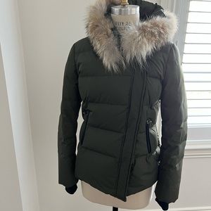 Mackage army green puffer with leather trim and removable fur hood trim